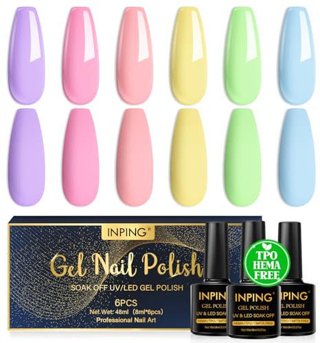 INPING UV Nagellack Pastell, HEMA-FREE TPO-FREE, 6 Farben Lila Rosa Gelb Grün Blau Süßigkeiten Farben Frühling Sommer Makronen Gelnägel, Soak Off UV/LED Nail Polish für Frauen Nail Salon DIY, 8 ML