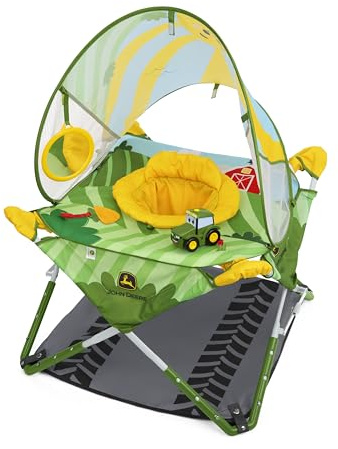 Bright Starts John Deere Pop 'N Jump Portable Baby Jumper, Foldable Indoor/Outdoor Baby Jumper with Sensory Activities, Ages 6–12 Months