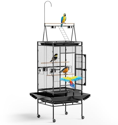 HOBBYZOO Vogelkäfig mit Spielplatz Oben, vogelkäfig groß mit 3 Holzstangen und 360° Rollen, Vogelvoliere mit 5 Futterstellen, 83 x 78 x 210 cm