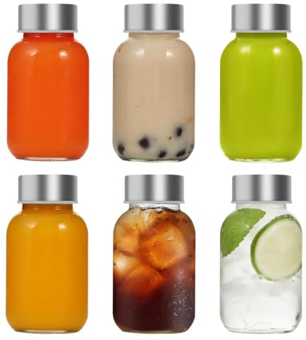 PISTISJACK Juego de 6 botellas de cristal de 150 ml con tapa de acero inoxidable, para zumos, batidos, leche, botellas de zumo de cristal, sin BPA, reutilizables.