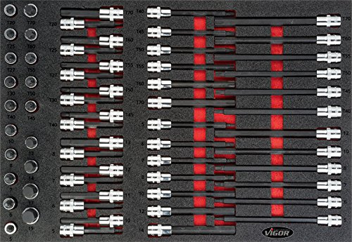 VIGOR Schraubendrehereinsatz-Satz, V4727, 1/2″, T Profil, Länge 563 mm | Antrieb 1/2 Zoll (12,5 mm) Vierkant hohl, Länge 563 mm, Breite 393 mm, Höhe 35 mm, 8025 g, 2K Weichschaumeinlage