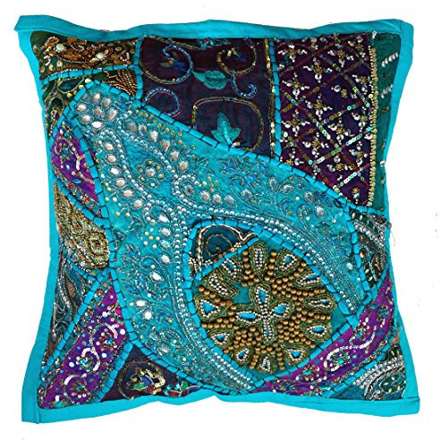 Rastogi Handicrafts Fundas de almohada decorativas, funda de cojín de algodón bordada, funda de cojín tradicional india hecha a mano (azul cielo)