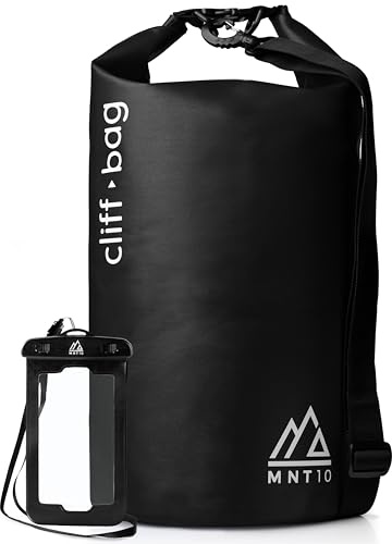 MNT10 Dry Bag “Cliff-Bag” in 20L, 30L, 40L I Drybag Rucksack für SUP, Kanu, Kajak I Wasserdichter Packsack mit Schultergurte I Seesack wasserdicht I GRATIS wasserdichte Handyhülle (Schwarz, 20L)
