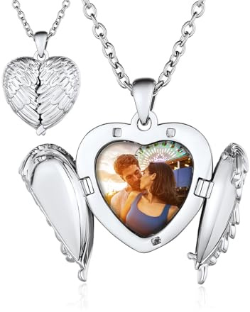 Custom4U Personalisierte Medaillon zum Öffnen für Bilder Damen Fotokette | Engelsflügel Medaillon Foto Kette mit Gravur Silber/Gold/Schwarz Locket Amulett mit 50cm kette Geschenk für Mutter Ehefrau