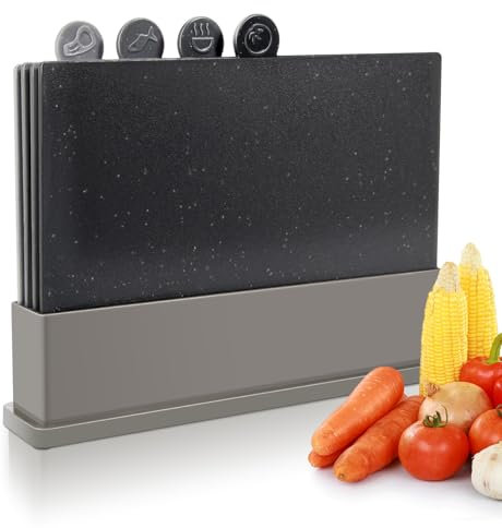 Myiosus Schneidebrett kunststoff, 4-teiligs Schneidebretter Set mit Ständer, BPA Frei, kratzfeste Cutting Board, Spülmaschinenfest Frühstücksbrettchen, Index Küchenbrett für Fleisch Gemüse Obst