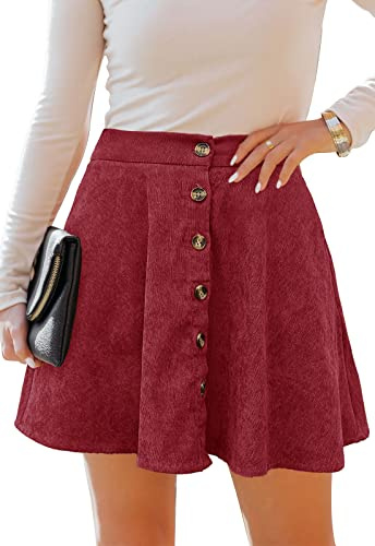 HERBATOMIA Women’s Button Front A-line Skirt Burgundy Corduroy Skater High Elastic Waist Mini Pleated Skirts for Women with Pocket