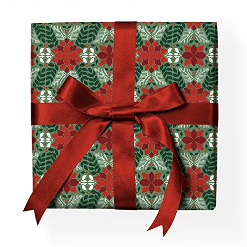 Klassisches Weihnachtspapier Set: Florales Geschenkpapier mit grafischem Weihnachtsstern Muster Dekorpapier zum Einpacken von liebevollen Geschenken, grün rot, Format: 32 x 48cm, 4 Bogen