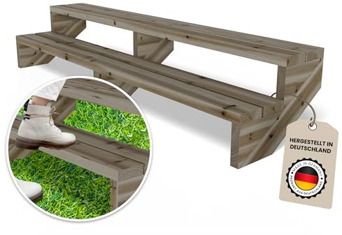 Gartenwelt Riegelsberger Escalera de terraza de 190 cm de ancho con 2 peldaños de madera maciza de pino impregnada, juego completo de mejillas, tablones y tornillos