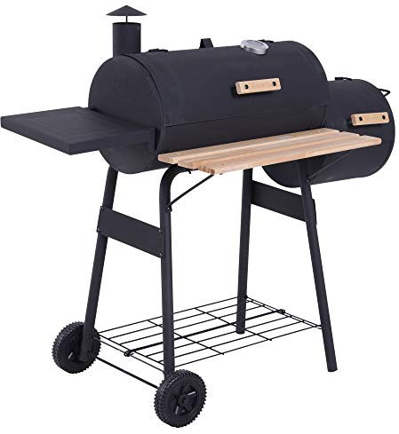 Outsunny Barbecue a Carbone con Coperchio e Affumicatore, BBQ da Giardino con Ripiani e Ruote 124x53x104 cm, Nero