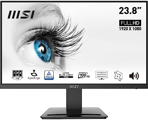 MSI PRO MP243X Monitor de 23.8 pulgadas, Full HD (1920 x 1080), 100Hz, IPS, 4ms, HDMI, DisplayPort, altavoces integrados, antirreflejos, antiparpadeo, menos luz azul, certificado TÜV, VESA, Kensington