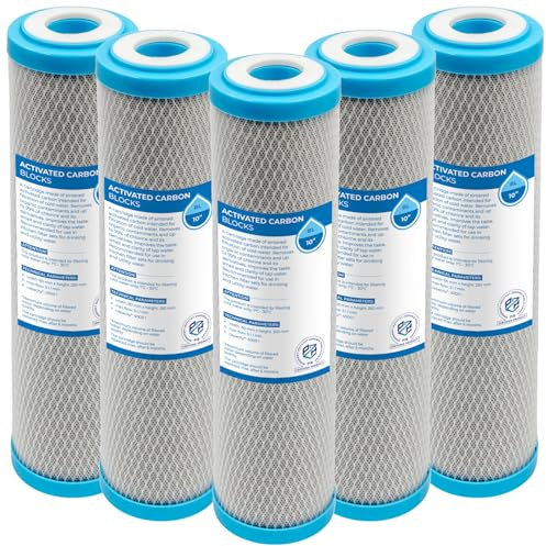 Cartouches filtrantes à bloc de charbon actif 10 pouces – Lot de 5, éliminent le chlore et ses composés, améliorent le goût et l’odeur de l’eau, durée max. 6 mois