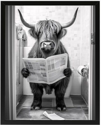 Deqosy Hochlandrind auf WC, Poster 40cm x 50cm mit Rahmen, Toilette Badezimmer Deko Bild, Wand-Deko Bilder Lustiges Geschenk