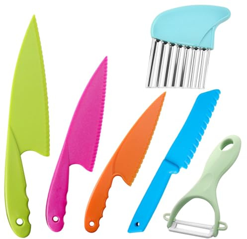 YWKJDDM Plastic Kitchen Knife Set, 5pcs Children's Cooking Knives, Kitchen Safety Knives with Crinkle Cutter and Y Peeler, Plastic Kid Kitchen Knife Set for Cooking, yw00018