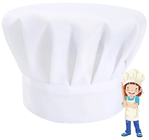 NETUME Gorro de Chef para Niños, Blanco Gorro Cocina Ajustable Gorro de Chef para Niñas/Niños, Gorro de Cocinero Niño para Cocinar, Hornear(4-13 Años)