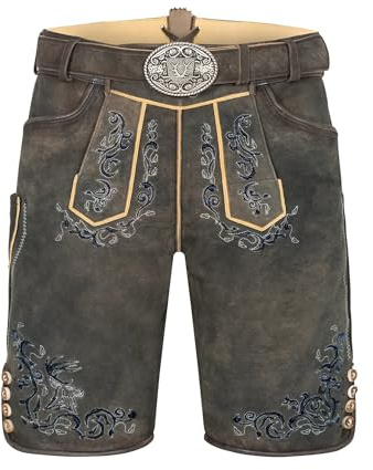 Krüger Herren Trachten Lederhose kurz, Modell: Ismael mit Gürtel, Knielang, braun und grau, Tracht, Volksfest