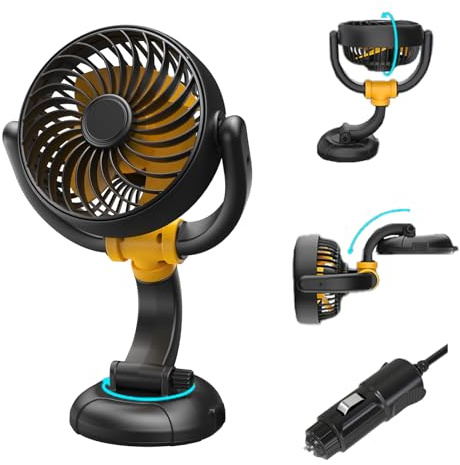Nauttxon 12V Auto Lüfter zur Fahrzeugkühlung - Zigarettenanzünder-Dashboard-Lüfter mit bürstenlosem Motor - 180 Grad vertikal und 360 Grad drehbarer Ventilator für Wohnmobile, LKW, Gabelstapler, Boote