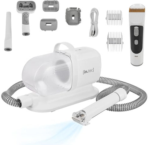 in.tec Kit Toelettatura 5 in 1 per Animali Domestici Tosatrice Elettrica e Aspirapolvere con Contenitore Rimovibile Trimmer Cani Gatti Asciugapeli - Bianco