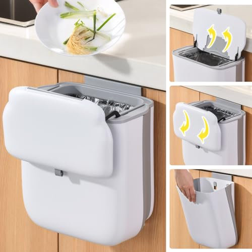 YTACREA Pattumiera da Appendere Cucina, 9L Pattumiera Umido Sottolavello Pieghevole con Coperchio Cucina da Campeggio, Secchio Spazzatura per Campeggio, Bagno, Camera da Letto, Esterno, Bianco