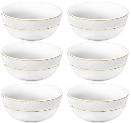 Wilmax - Insalatiere - 6 pezzi - Ø 14 cm - Porcellana - Ciotola bianca - Ciotola con motivo dorato - 600 ml - Per snack, insalate - Elegante e resistente ai graffi - Ideale come regalo