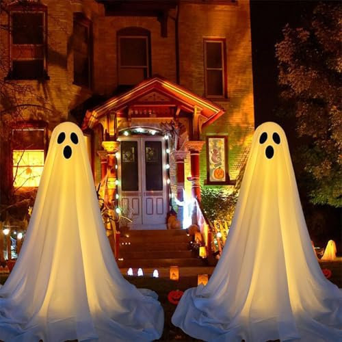 Rubu22a 2er Set Halloween Geister Stableuchten mit Fernsteuerung - Batteriebetriebene Deko für Outdoor und Garten (2, A)