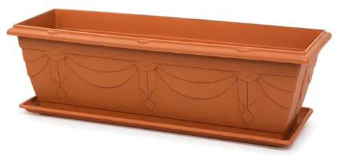 VR7 60cm Long Garden Planter with Trays - Durable Plastic Trough for Raised Window Planting - Perfect for Flowers, Herbs, and Vegetables (Terracotta, Including Tray)