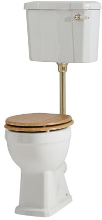 MILANO Low Level Cistern Toilet Brushed Brass Flush Kit Oak Effect Seat