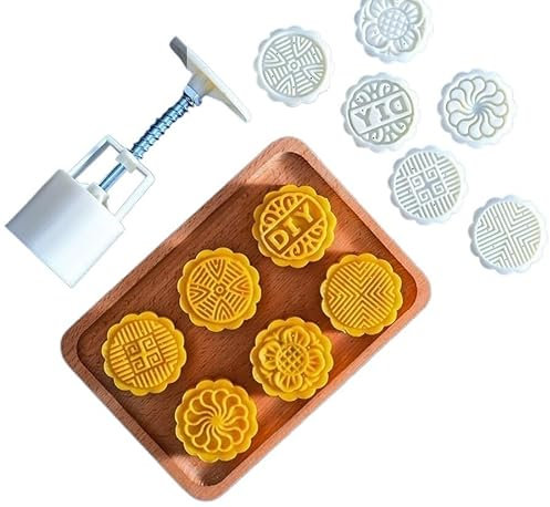 Hand Pressure Moon Cake Mould, 50g Thickness Adjustable Cookie Stamps with 6 Stamps,Mooncake Flower Round Bakeware,for Baking DIY Cake Cookie Biscuit Dessert Mooncake Mould