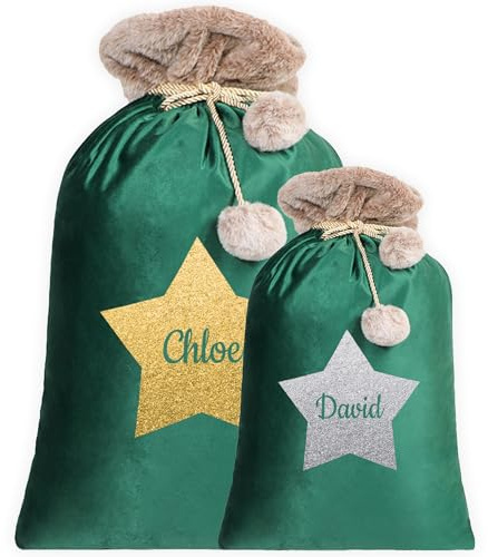 Personalised Santa Sack Velvet with Luxury Fur Top Stocking With Star Design and Name sack large Red Pink Grey Ivory Gift Bag For Xmas Decor Tree Decoration