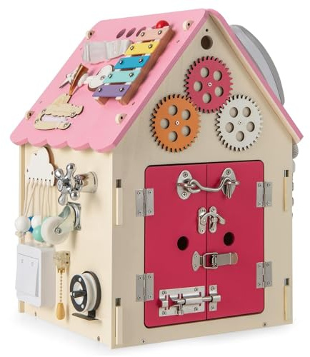 FANTASK Kinder Spielhaus Holz, Spielzeughaus mit Sinnesspielen & Stauraum, Lernspielzeug Montessori, Aktivitätswürfel für Kinder ab 2 Jahren