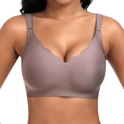 Cavotor Non Wired Support Bras for Women Wireless Push Up Bra Large Breasts Ladies Soft T Shirt Seamless Bra Padded V Neck Bralettes with Extender (Coffee,XL)