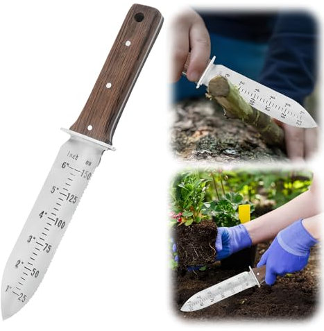 Sierra de pala de jardín, herramienta manual multifuncional para desmalezar, cavar, podar, cultivar, hoja de acero inoxidable de 7 pulgadas con funda, mango de madera de espiga completa con agujero