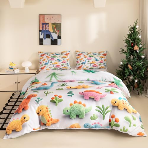 YUTNSAN Dino Bed Linen 135 x 200 cm Children's 5D Cartoon Dinosaur Pattern Duvet Cover Colourful Soft Microfibre Reversible Bedding Set for Girls Boys with Pillowcase 40 x 80 cm