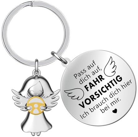 Cadimus Schlüsselanhänger Schutzengel, Fahr Vorsichtig, Glücksbringer mit Lenkrad und Gravur, Auto Geschenke