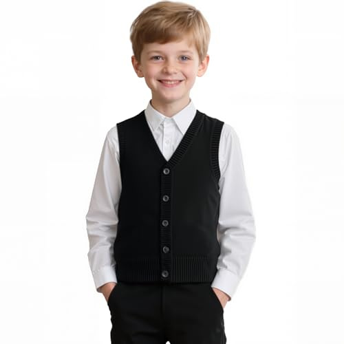 Yanmucy Pull en tricot Col en V sans manches pour garçons et filles - Vêtement d'école - Chemise assortie - Cardigan pour enfants de 5 à 14 ans, Noir , 7-8 ans