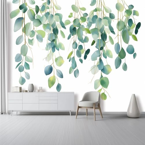 Soggiorno Carta da Parati Murale 150 x 105 cm, Stile Acquerello Foglie Di Eucalipto Sognante Carta da Parati per Parete TV Camera da Letto Decorare, Bianco Verde Decorazione Murale Fotomurale