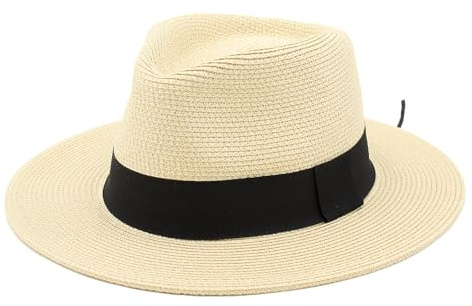 Sombrero Panamá de Verano, Sombrero de Paja Panamá para Mujer y Hombre Unisex, Sombrero de ala Ancha UPF 50 Plegable y Trenzado Intensivo (FR/ES, Letras, Talla única, Beige, Banda Negro Tela)