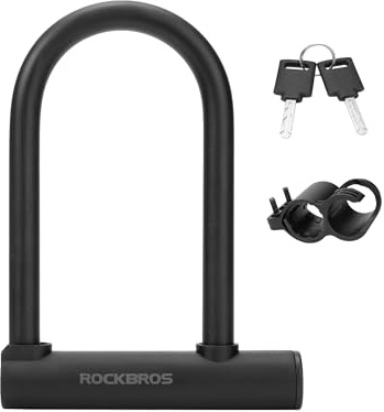 ROCKBROS Lucchetto a U per Bici in Acciaio al Carbonio, Lucchetto di Sicurezza Antifurto Robusta 13mm con 2 Chiavi, con Supporto, Accessori Bike per Bicicletta MTB E-bike