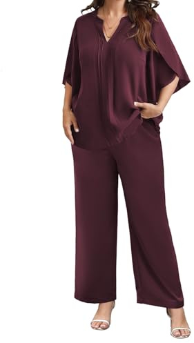 Damen Chiffon 2-teilig Große Größen Hosenanzug Festlich Elegant Top Hose | V-Ausschnitt, Fledermausärmel , Zierfalten Luftiger Chiffon, Weites Bein ,Elastischer Bund, Praktische Taschen