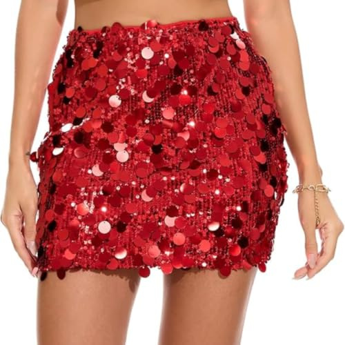 Falafoty Sequin Skirt for Women Stretchy Bodycon Mini Glitter Short Skirt Hip Wrap High Waist Half Dress for Summer Party Club Night Dinner Date Casual Dress (UK, Alpha, M, Regular, Regular, Red)