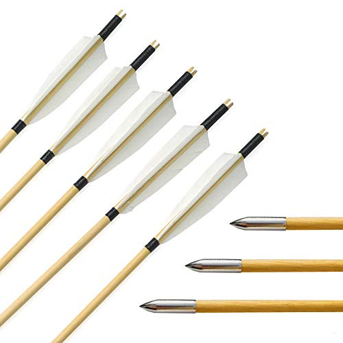 SHARROW 6st Bågskytte Pilar Träpilar Traditionell Träpil Handgjord Målpilar Träpilaxlar med 5 tum Naturfjädrar Metall Pilspets för Recurve Båge Långbåge (Typ 1)