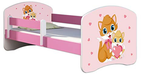 ACMA Kinderbett 70 x 140 cm mit Matratze & Lattenrost – Jugendbett mit Rausfallschutz, personalisiertes Motiv 33 Miezekatzen - Rosa, Mädchenbett ab 3 Jahren, belastbar bis 120 kg