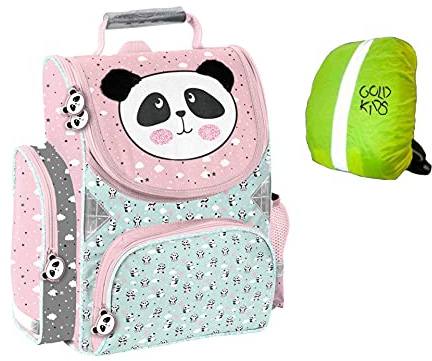 Goldkids Ranzen Schulranzen Rucksack Kinder-Ranzen Tornister Jungen Mädchen 36 x 28 x 15 cm Panda Grundschule ab 1. Klasse ink. Regenschutz