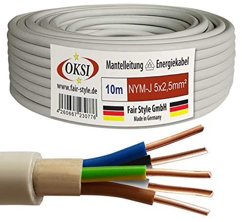 OKSI 10m NYM-J 5x2,5 mm² Mantelleitung Feuchtraumkabel Elektrokabel Kupfer Made in Germany