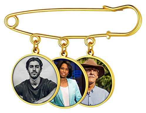 Custom4U Personalisierte Damen Herren Brosche mit 3x Rund Fotoanhänger mit Bild DIY Memorial Anhänger Brautstrauß Gold Anstecker Hochzeit Vintage Sicherheitsnadel Clips für Kleidung