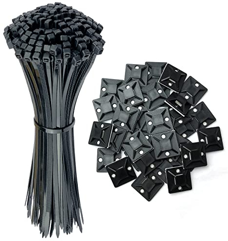 Oksdown Lot de 100 Grands 250 × 3,6 mm Serre Câbles Adhesive Plastique Noir Nylon avec 60 Pièces Collier de Serrage 25 x 25 mm Clips Auto Adhésif Supports Base Attaches Zip Ties pour Gestion Cable