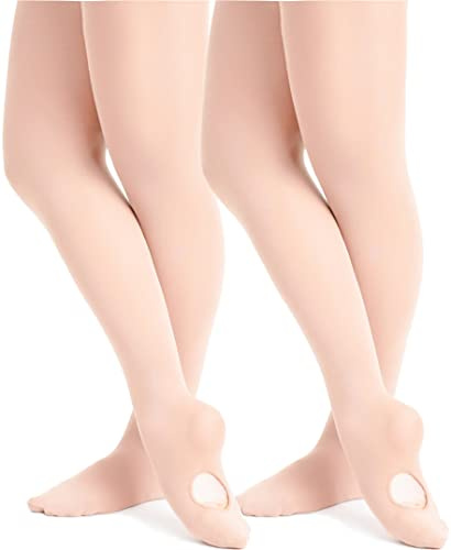 danswan 2 Pack Dance Ballet Tights for Little Girls Footless Convertible Transition Ballet Legging Stocking (Ballet Pink, Child Age 6-8)