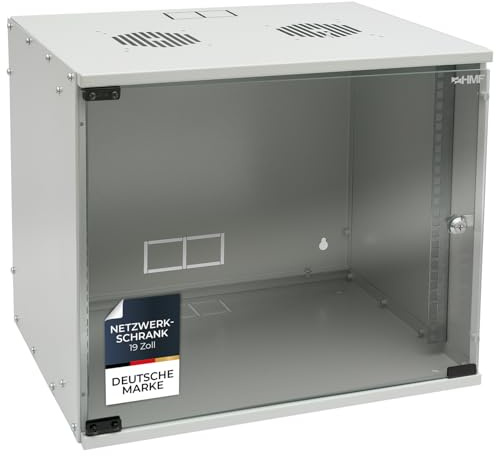HMF 65709-07 Netzwerkschrank, Serverschrank 19 Zoll | 9 HE | 400 mm Tiefe | Glastür | Lichtgrau