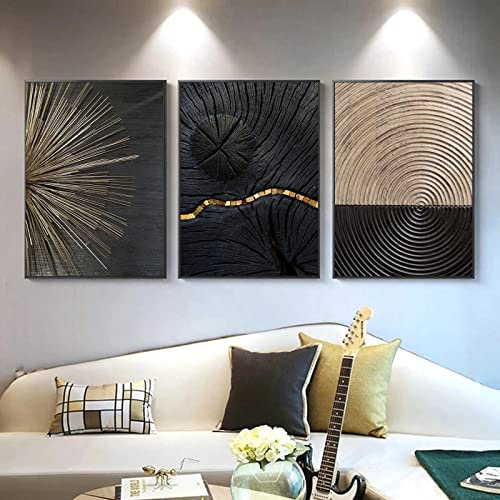 FXLTSBL 3 Panel Wall Art Prints Posters Modern Nordic Wall Painting Design Picture Black Gold Annual Ring Line Decoration Painting for Home Living Room Decor