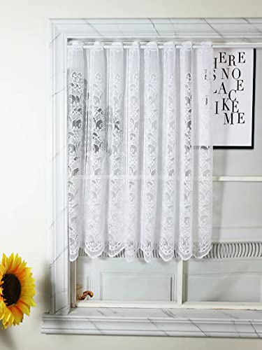 Yaland Jacquard Scheibengardine mit Ranken Muster Weiß BxH 200x90cm | Küchegardine mit Lochleiste Landhausstil Kurzstore mit Blumen Stickerei für Küche & Wohnzimmer Badezimmer 1 Stück