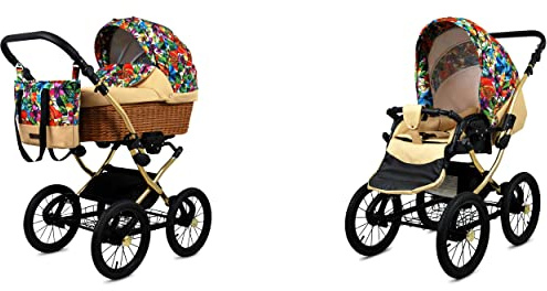 BabyLux ALU 2in1 Stroller for Toddlers – Pushchairs & Prams – Baby Stroller Pushchair for Newborn and Toddler – Baby Newborn Pram – 59x105x125cm – Max 15kg – Jungle Flowers Gold Frame